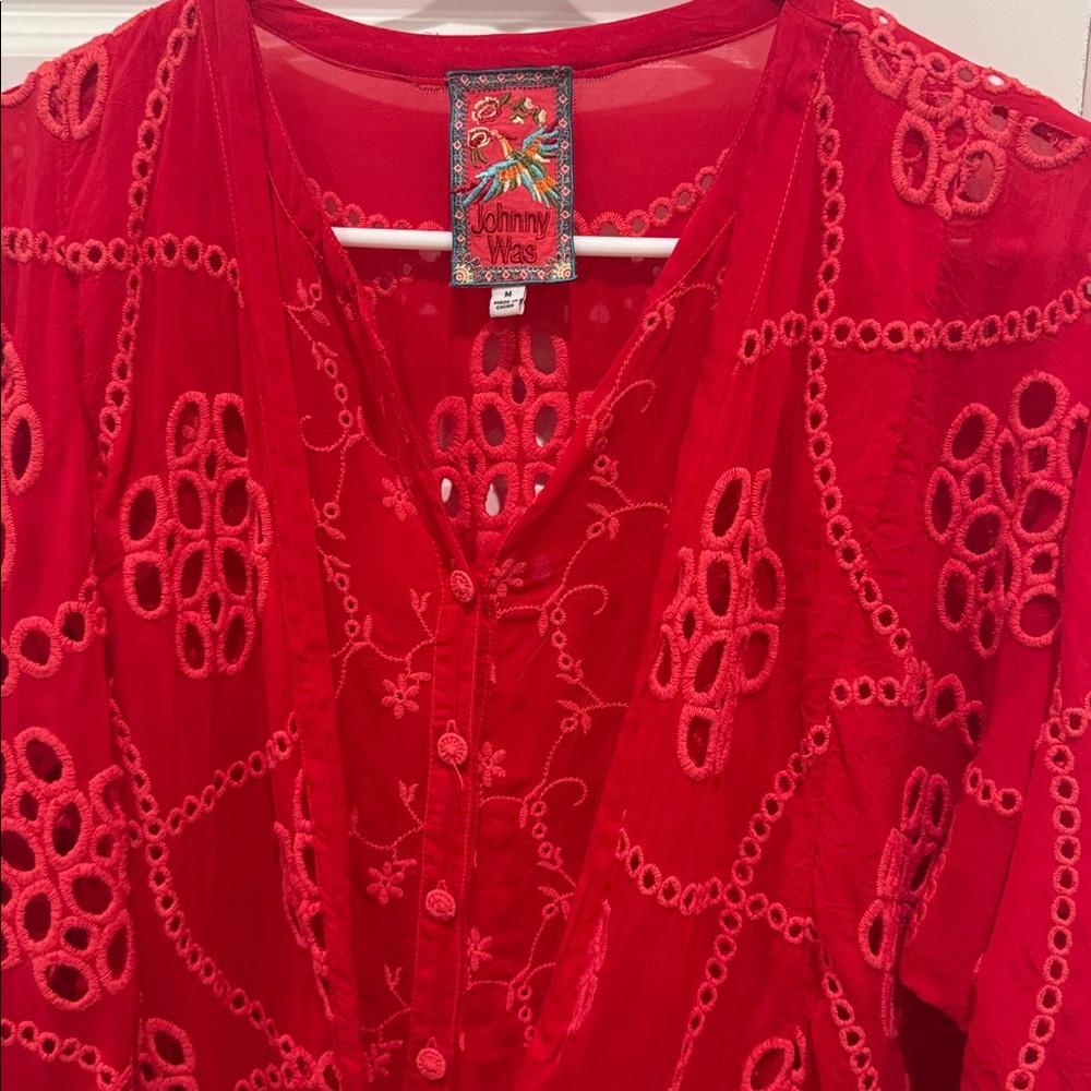 JOHNNY WAS XANTHOS RAE BLOUSE Embroidered Frilly Eyelet Red Sz Medium - Picture 4 of 13